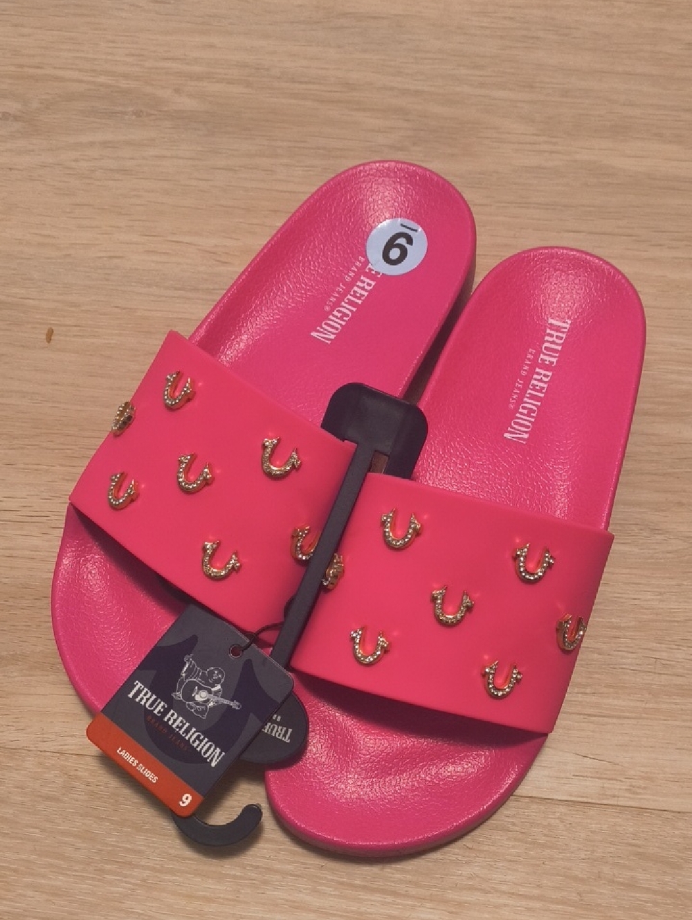 True Religion Hot Pink Slide Sandals with Gold Horseshoe Studs